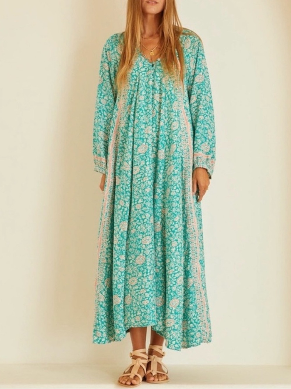 NATALIE MARTIN Fiore Turquoise Silk Midi / Maxi Dress Flowy Oversized Size Small